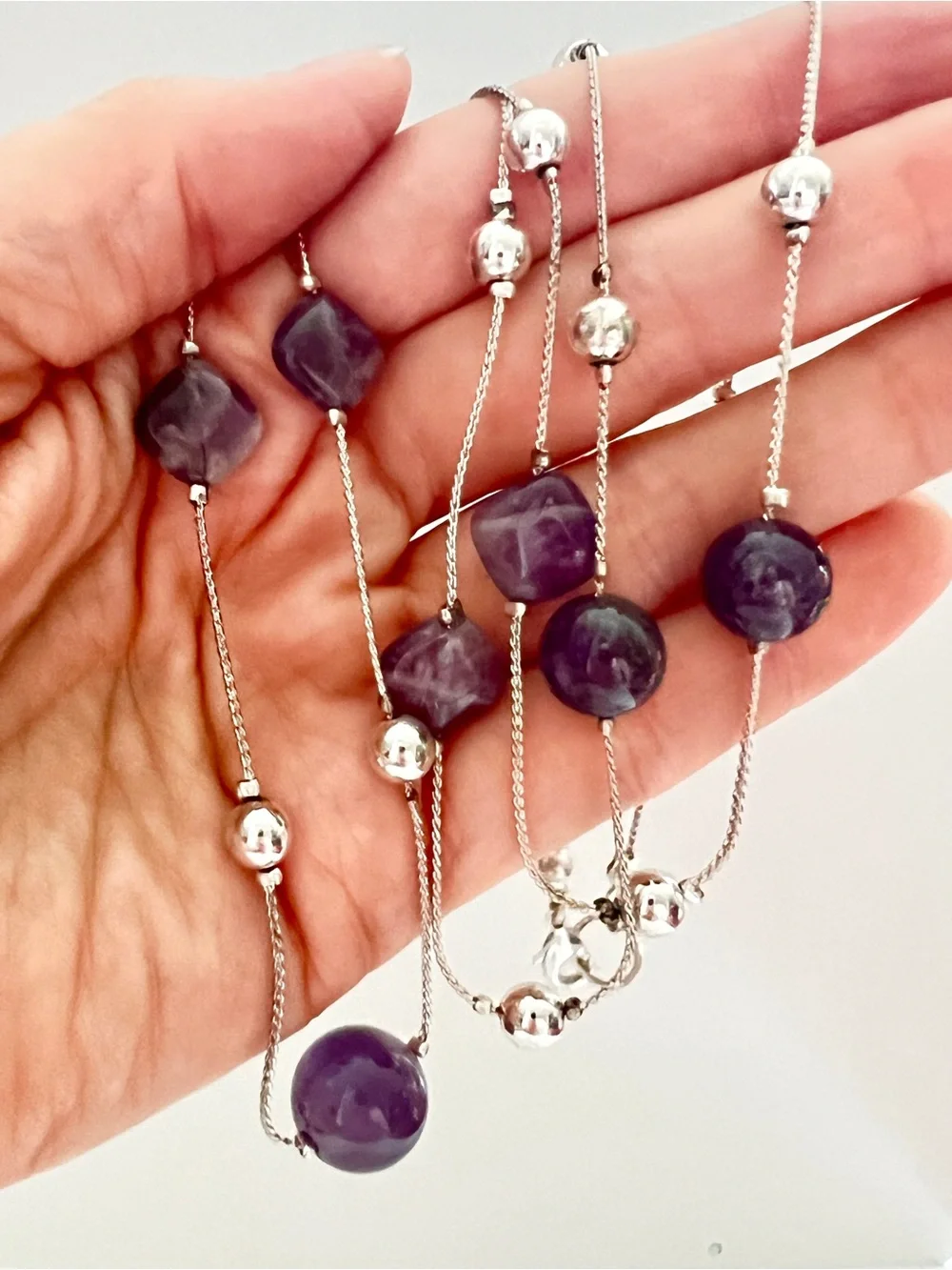 Amethyst Long Station Flapper Style Necklace Purple Polished Beads Silver Tone